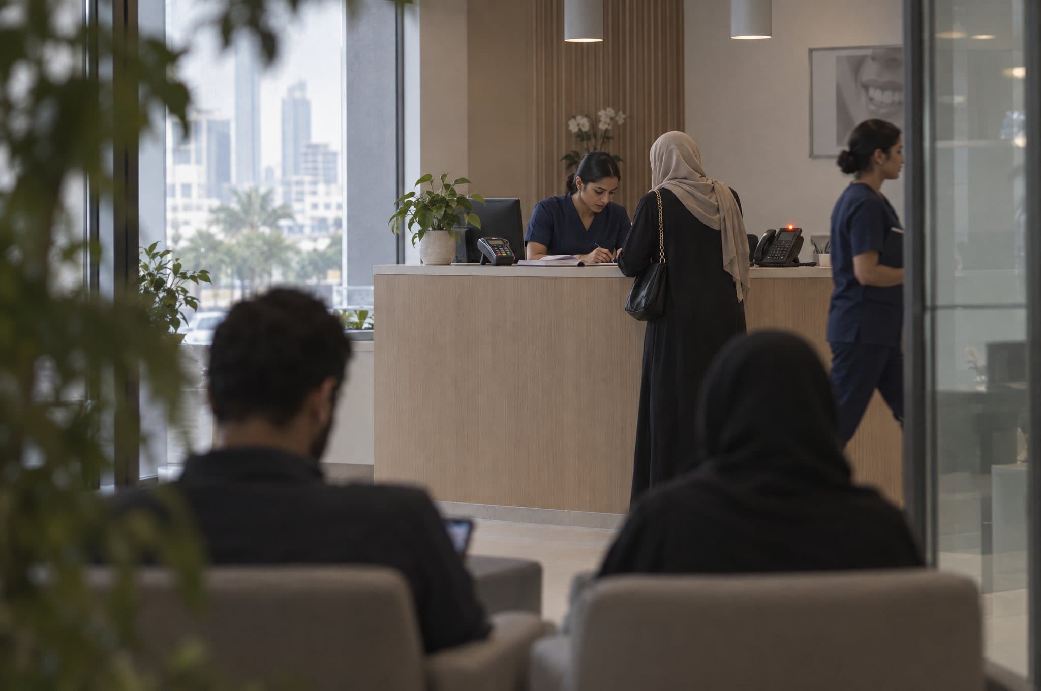 A clinic receptionist helping a patient at the desk while the phone beside her rings